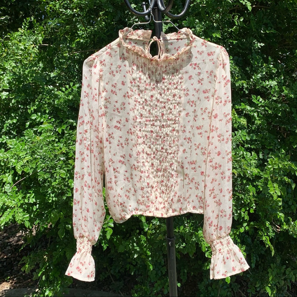 Floral balloon puff sleeve pleated ruffle blouse
